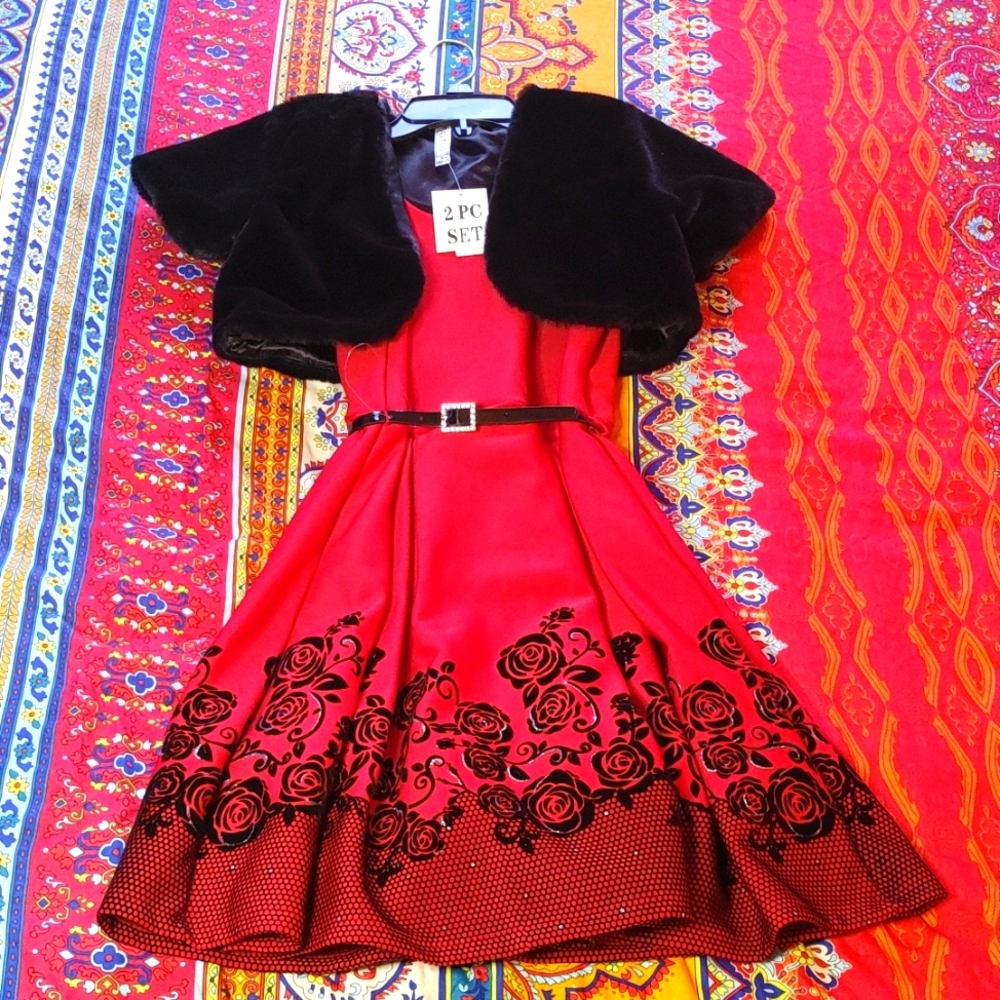 Beautees-Red & Black Floral Dress Girls sz. 16